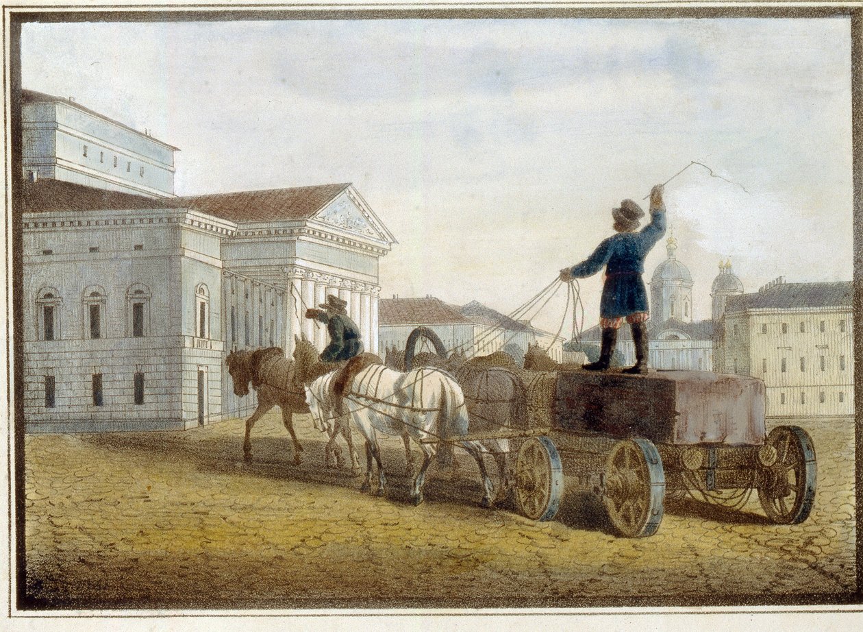 Transport von Granitblöcken auf dem Theaterplatz in Sankt Petersburg von Eugéne Pluchart