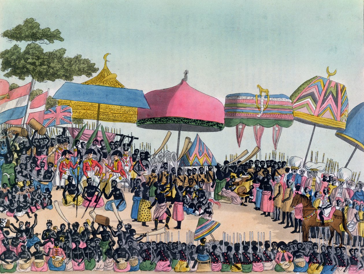 Empfang für den englischen Botschafter durch die Ashanti in Comassi, Ghana, um 1818, gestochen von A. Biasioli von European School