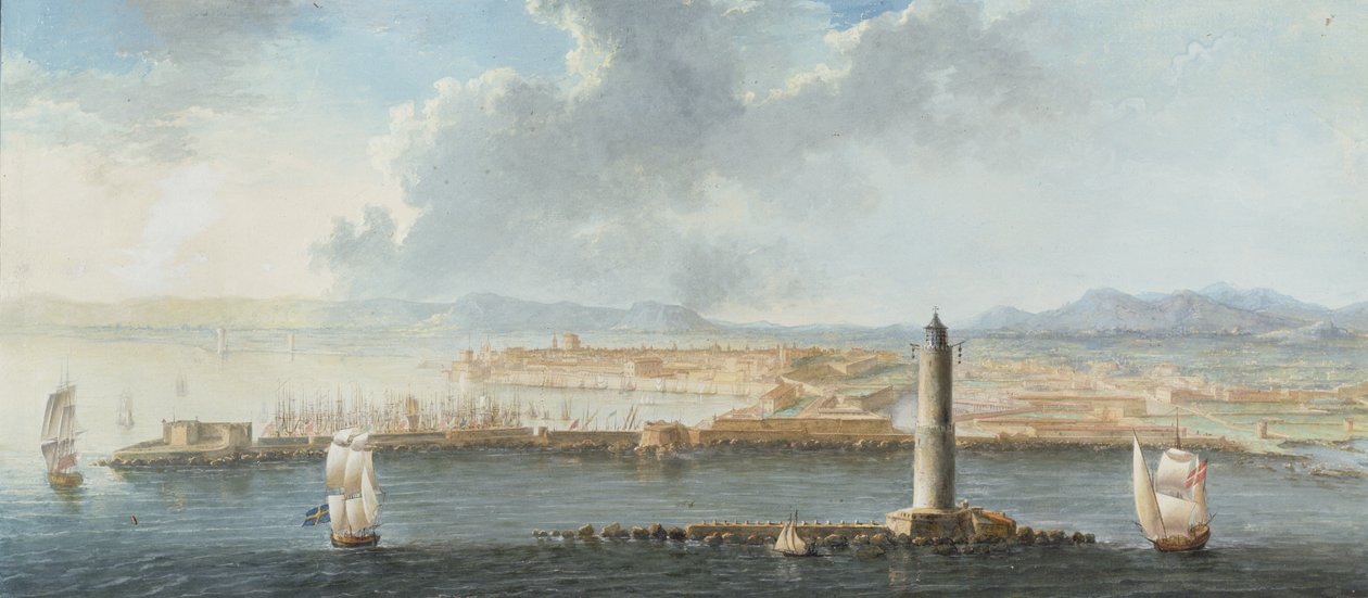 Ansicht eines Hafens vom Meer aus, wahrscheinlich Livorno von European School