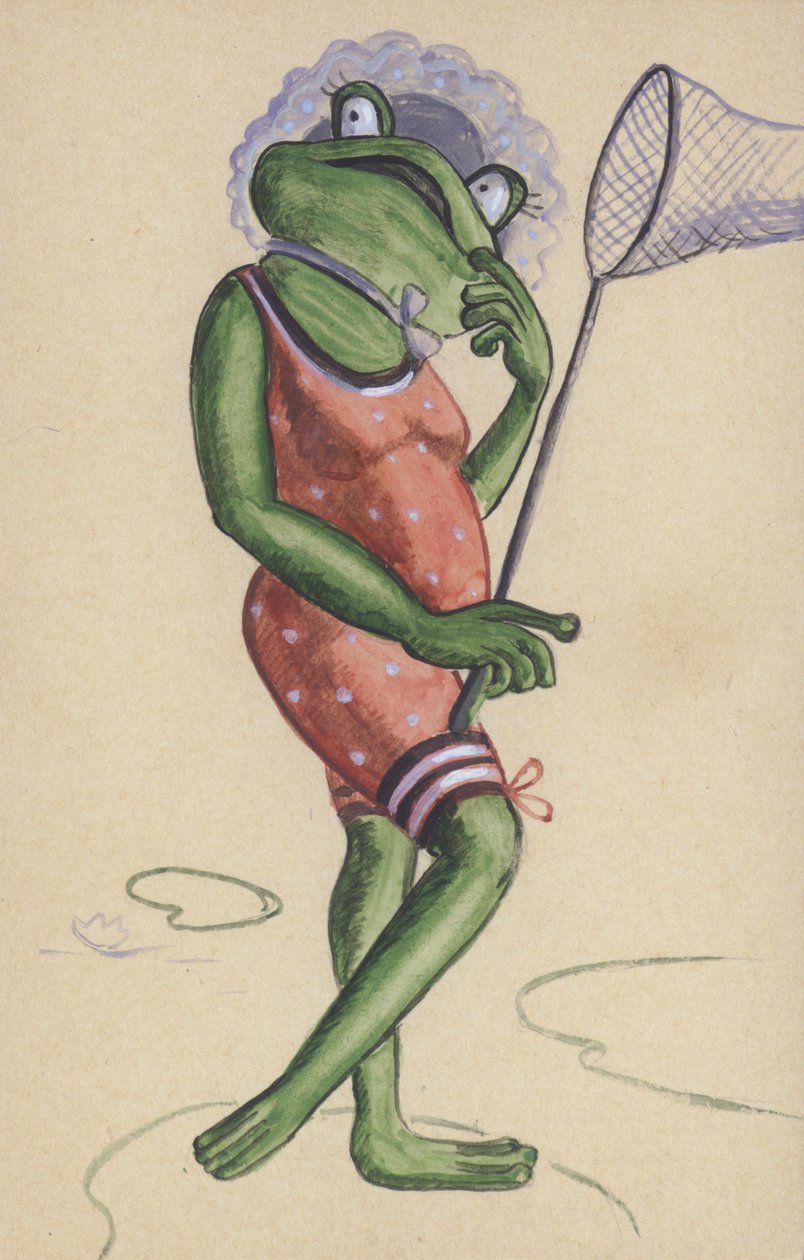 Frosch in Badeanzug mit Angelnetz von European School