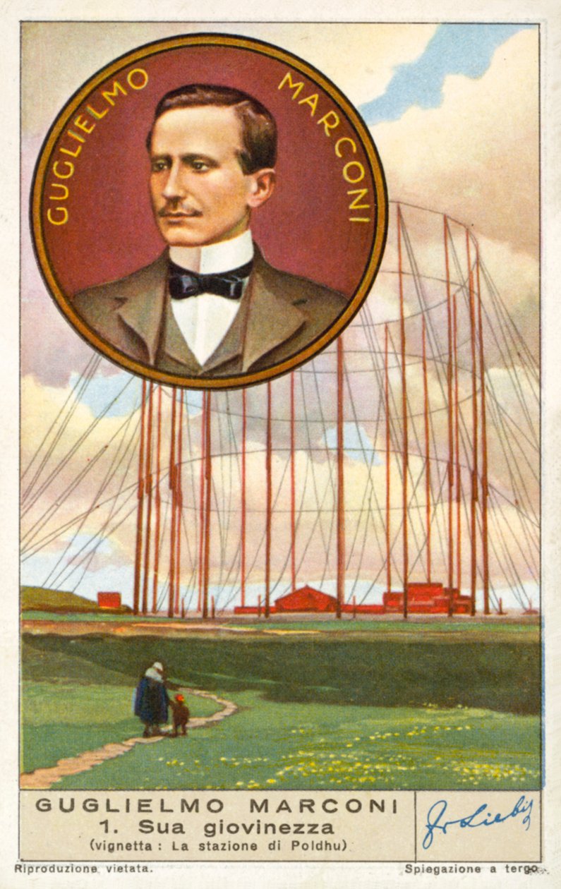 Guglielmo Marconi, italienischer Erfinder und Radiopionier, und seine Funkstation in Poldhu, Cornwall von European School