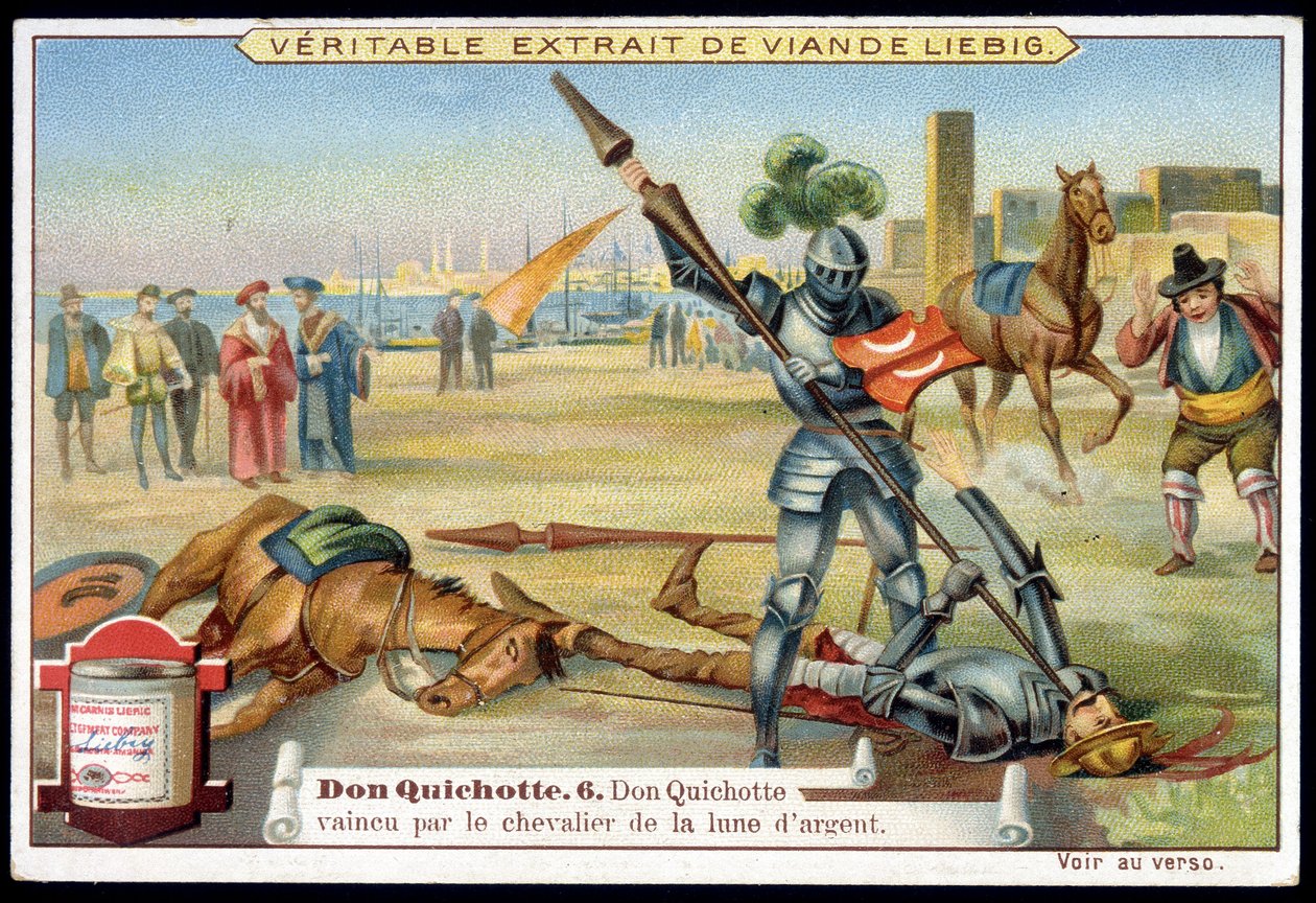 Liebig-Chromolithographie: Serie "Don Quixote", Nr. 6: Don Quixote wird vom Ritter des silbernen Mondes besiegt. von European School