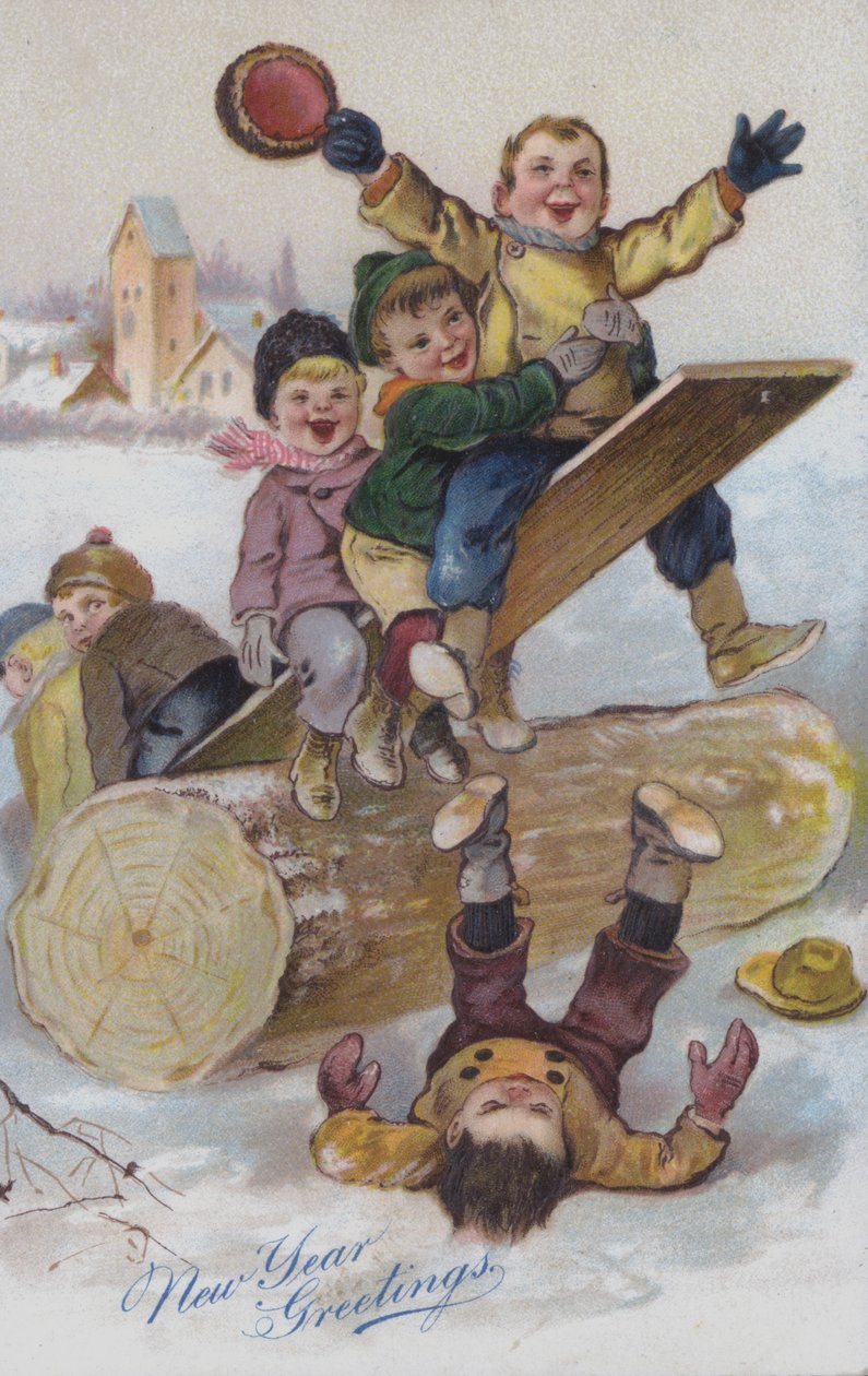 Neujahrsgrußkarte mit Kindern, die im Schnee spielen von European School