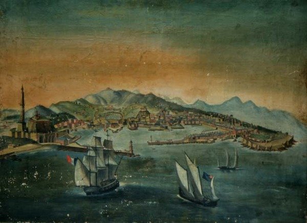 Ansicht eines Hafens mit einem Leuchtturm auf einem Vorgebirge, um 1800 von European School