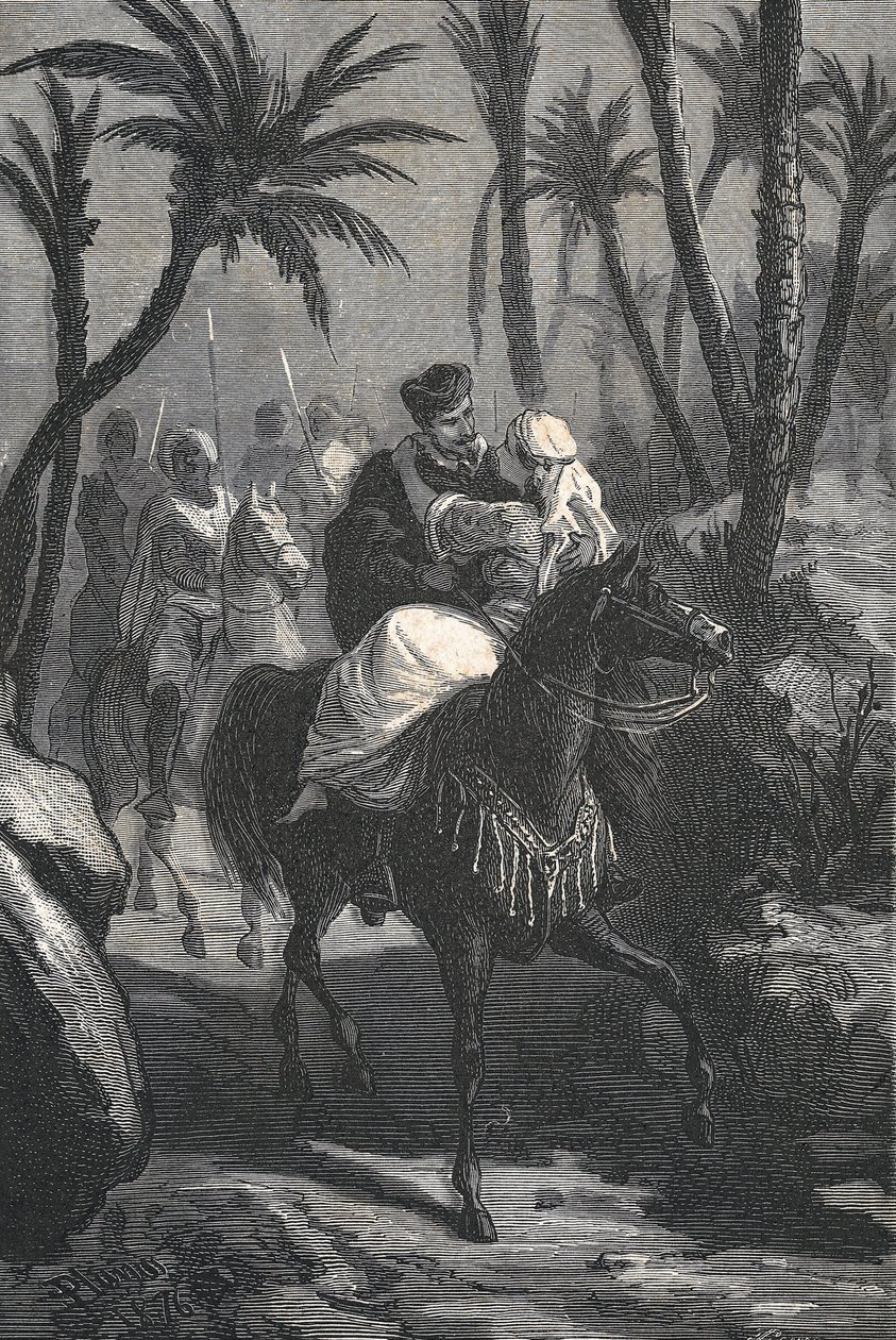 Cervantes reitet mit einer Frau in einer Oase von Eusebio Planas