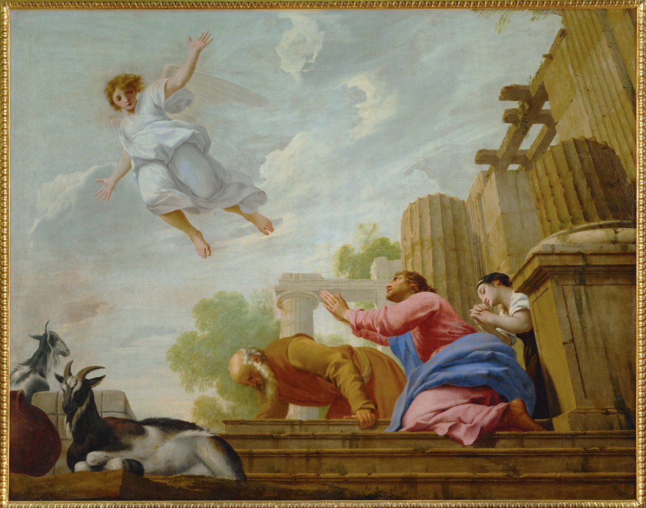 Der Engel Raphael verlässt Tobias und seine Familie von Eustache (studio of) Le Sueur