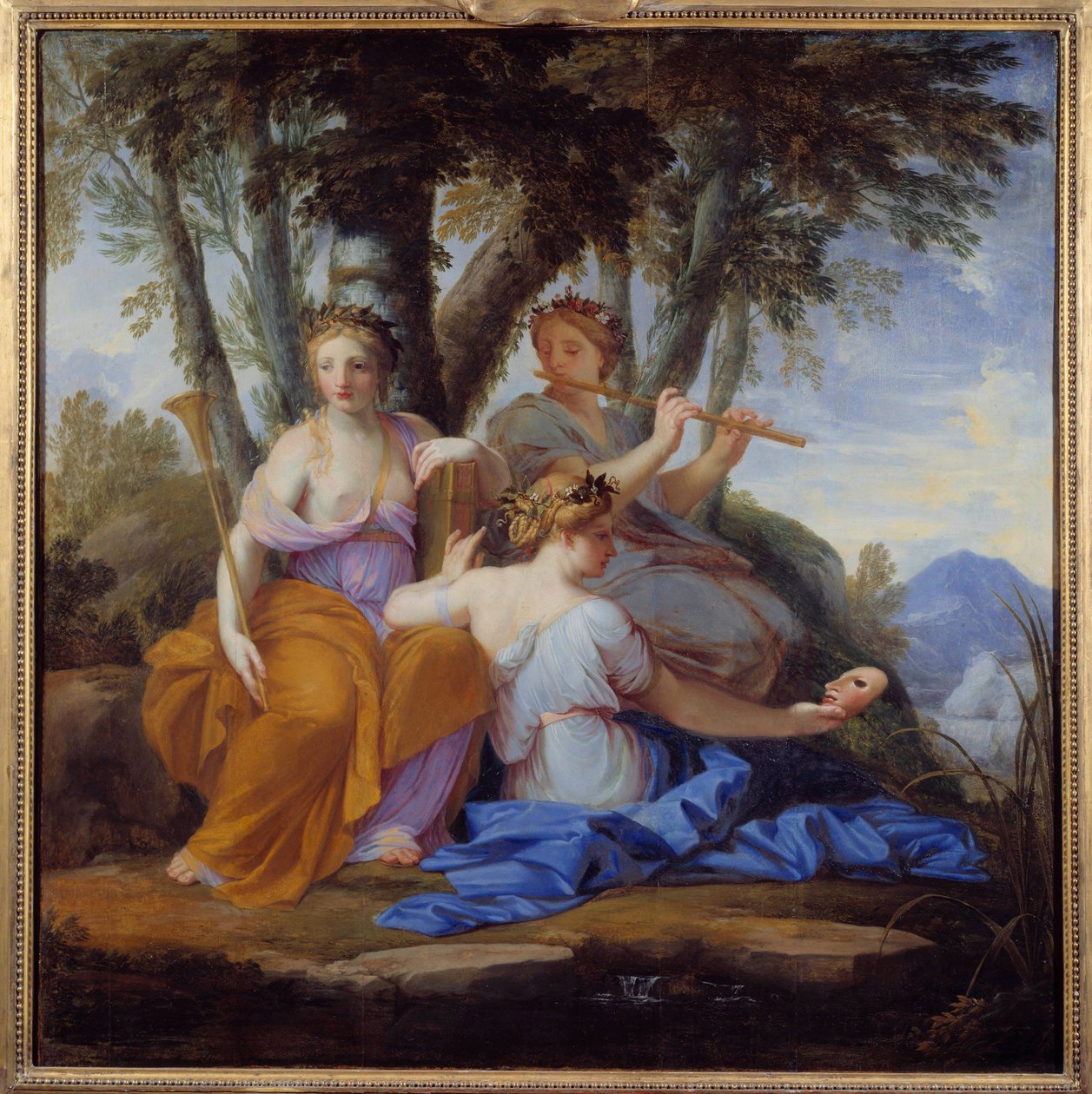 Die Musen Clio, Euterpe und Thalie sind jeweils die Musen der Geschichte, Musik und Komödie von Eustache (studio of) Le Sueur