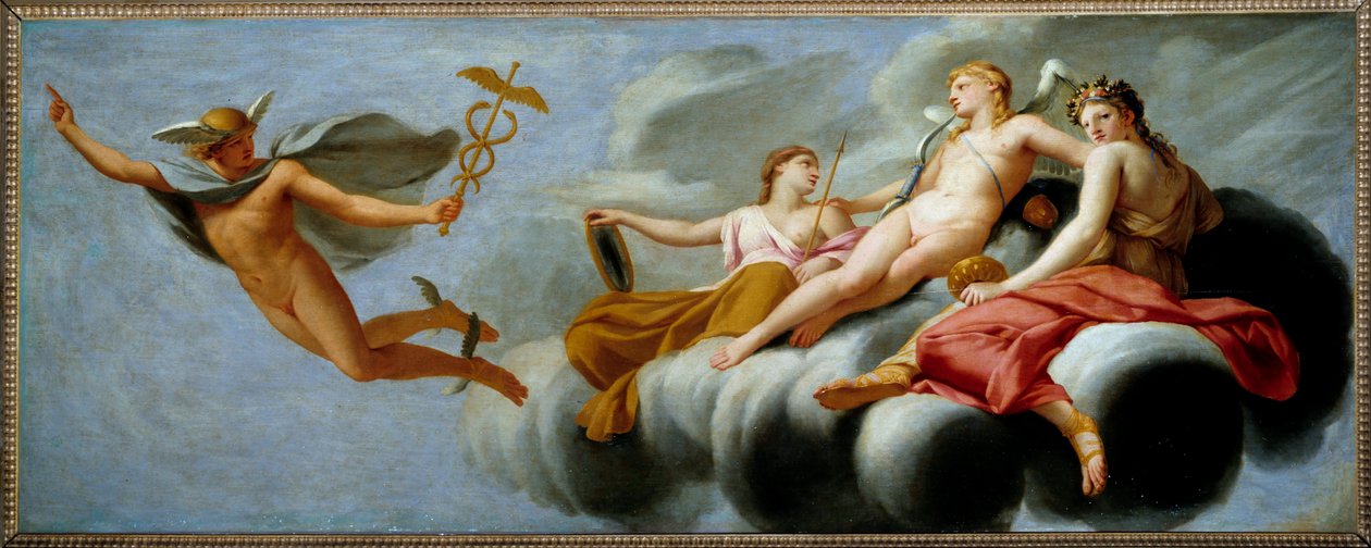 Amor befiehlt Merkur, seine Macht dem Universum zu verkünden. Hermes hat sein Attribut verloren. Gemälde von Eustache Le Sueur (1646) von Eustache Le Sueur