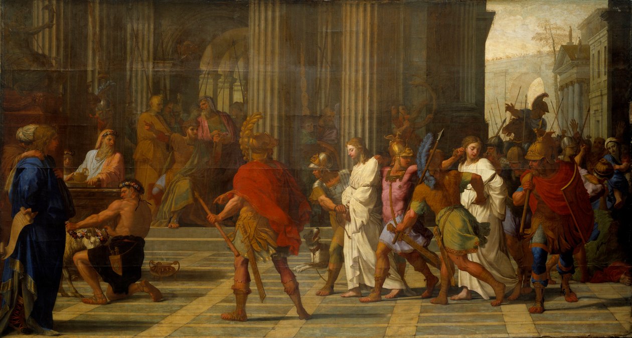 Die Heiligen Gervasius und Protasius werden vor Astasius gebracht und weigern sich, Jupiter zu opfern von Eustache Le Sueur