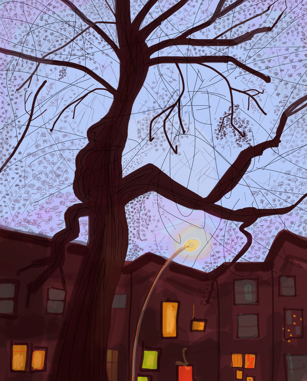 Brooklyn Brownstone Straße bei Dämmerung, 2016 von Evan Sklar