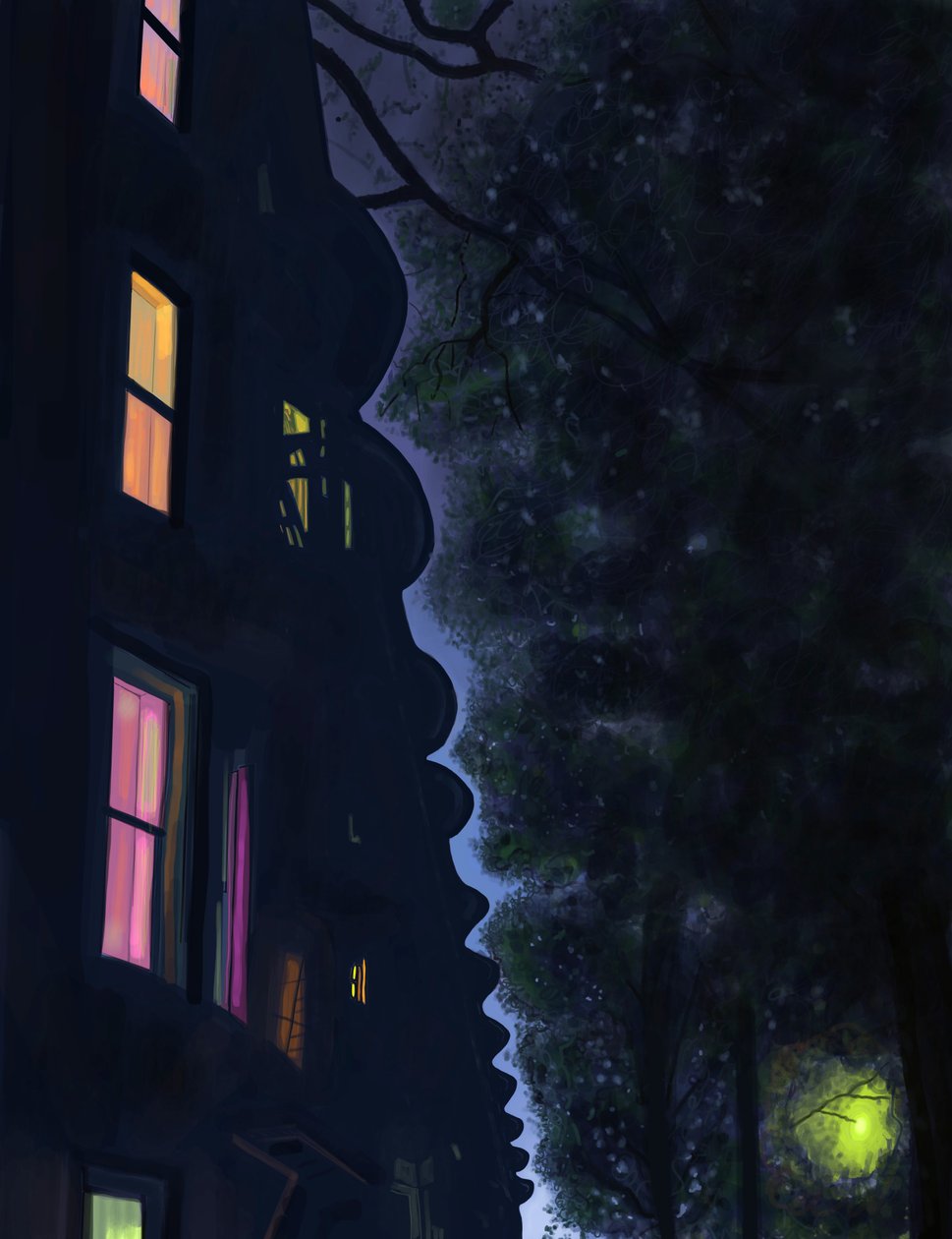 Gebäudespitzen bei Nacht, Brooklyn von Evan Sklar