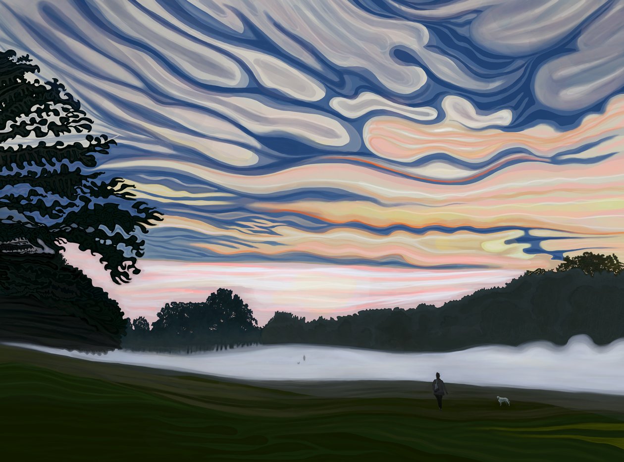 Feld und Nebel am Morgen, Brooklyn von Evan Sklar