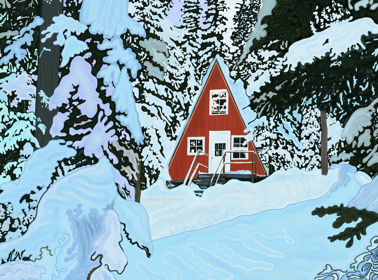 Rotes A-Rahmen-Haus im Schnee bei Nacht von Evan Sklar