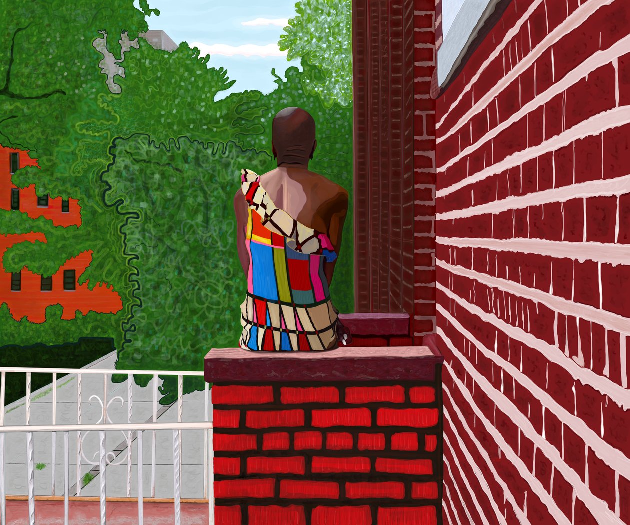 Frau sitzt in Crown Heights, Sommer von Evan Sklar