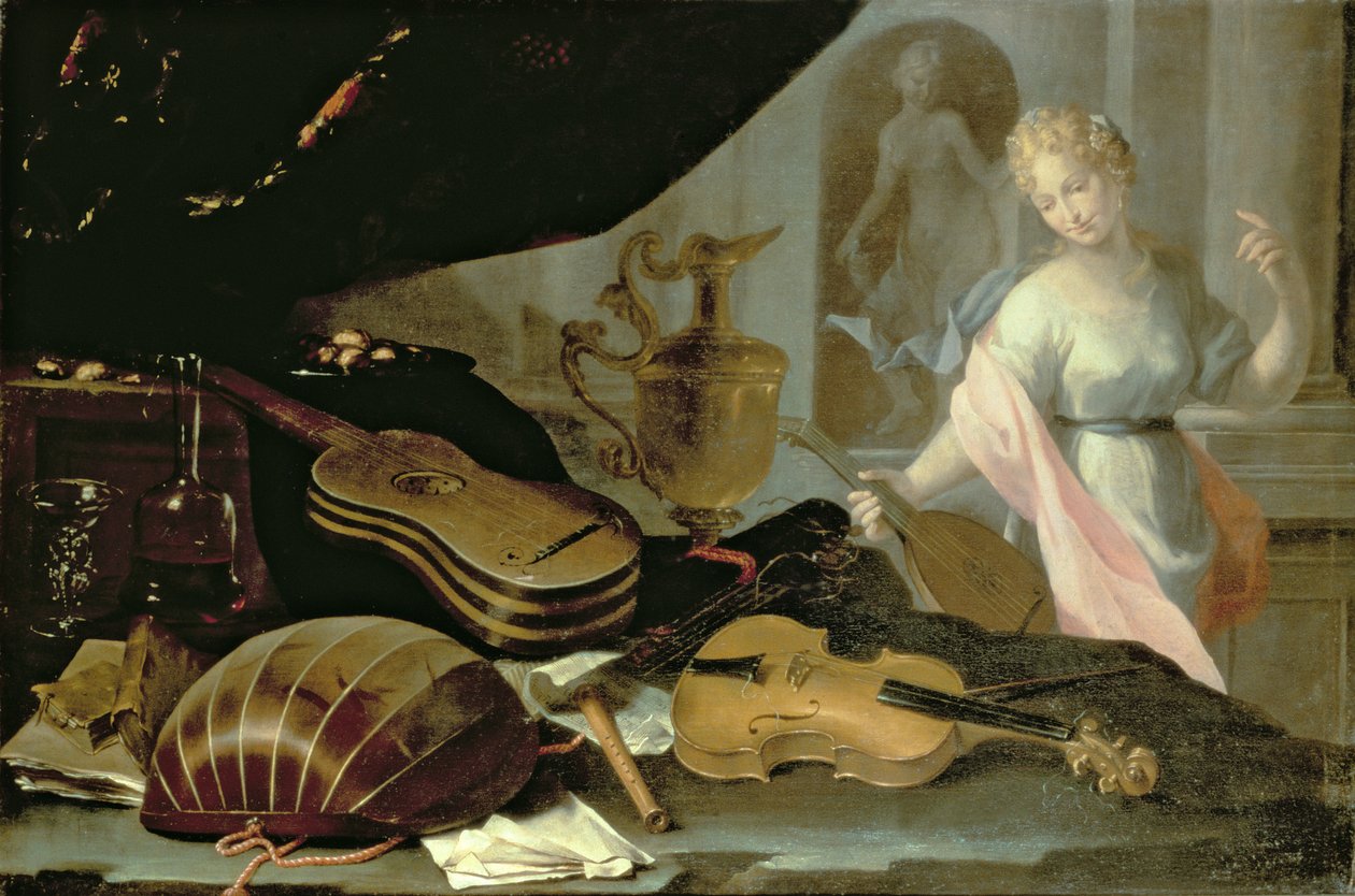 Stillleben mit Musikinstrumenten und einer weiblichen Figur von Evaristo Baschenis
