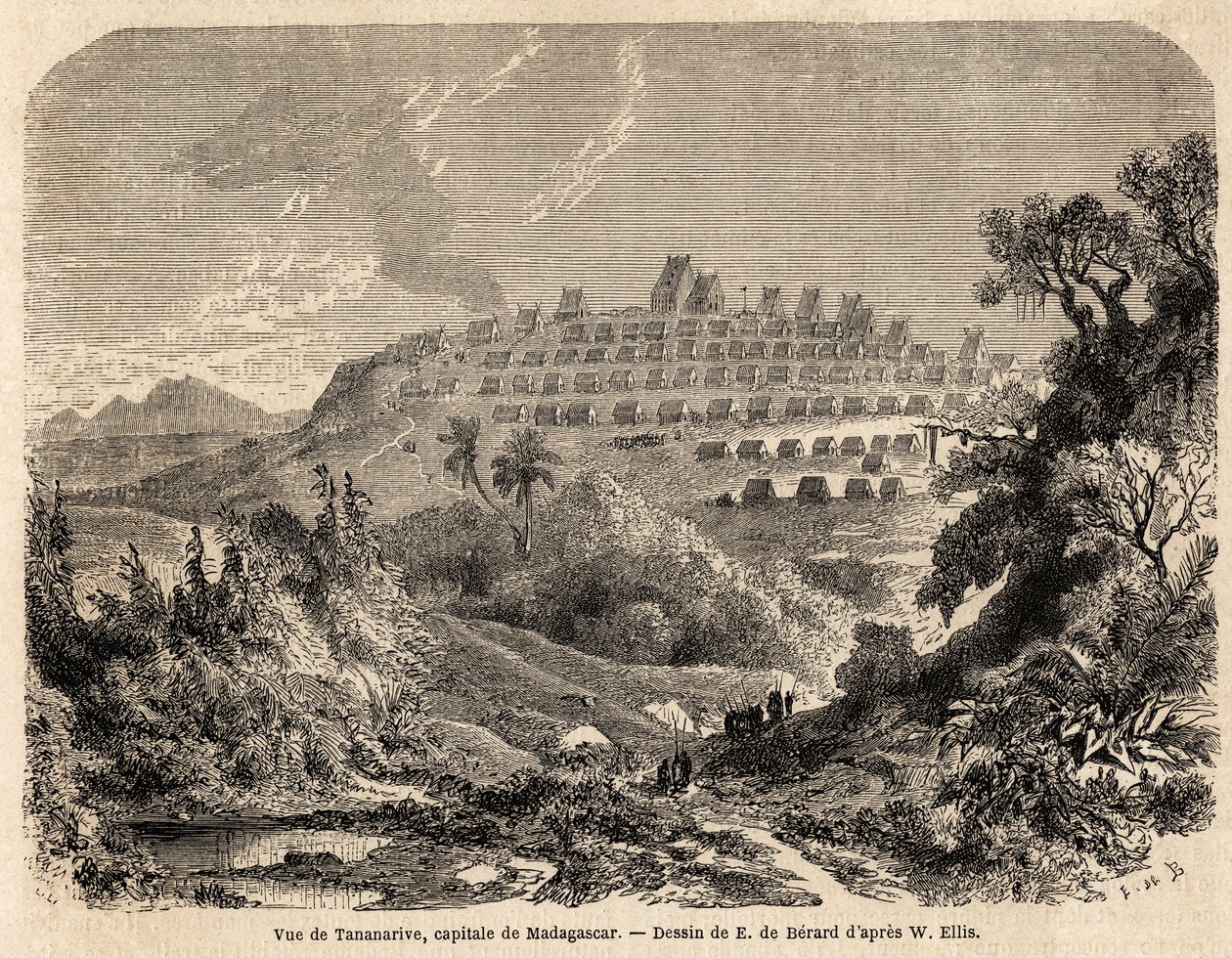 Ansicht von Tananarive, Hauptstadt von Madagaskar, Zeichnung von Evremond de Berard (1824-1881), zur Illustration von Ida Pfeiffers Reise nach Madagaskar im Jahr 1857. Gravur in „Le tour du monde“ 1861. Sammlung Selva von Evremond de (after) Berard