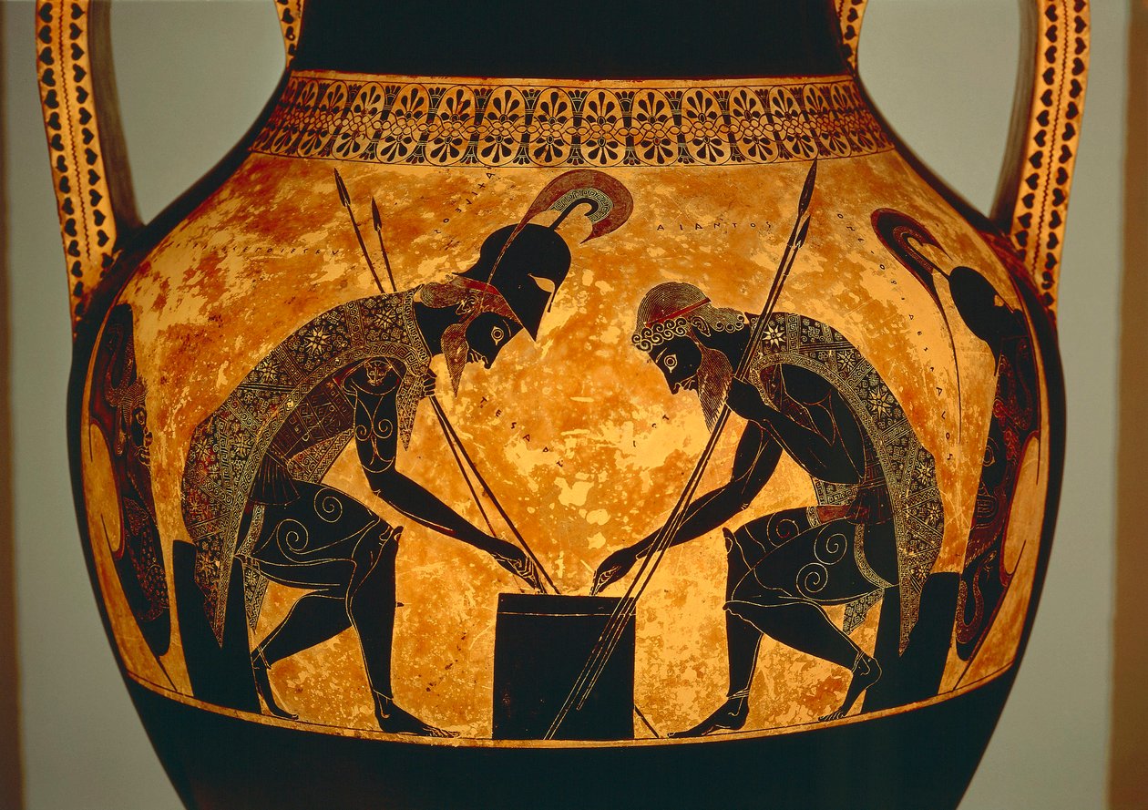 Attische schwarzfigurige Amphore, die Achilles und Ajax beim Würfelspiel darstellt (Detail) von Exekias Exekias