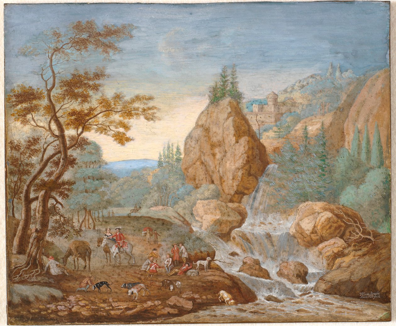 Berglandschaft mit einer Jagdgesellschaft im Vordergrund von F.C. van Bracht