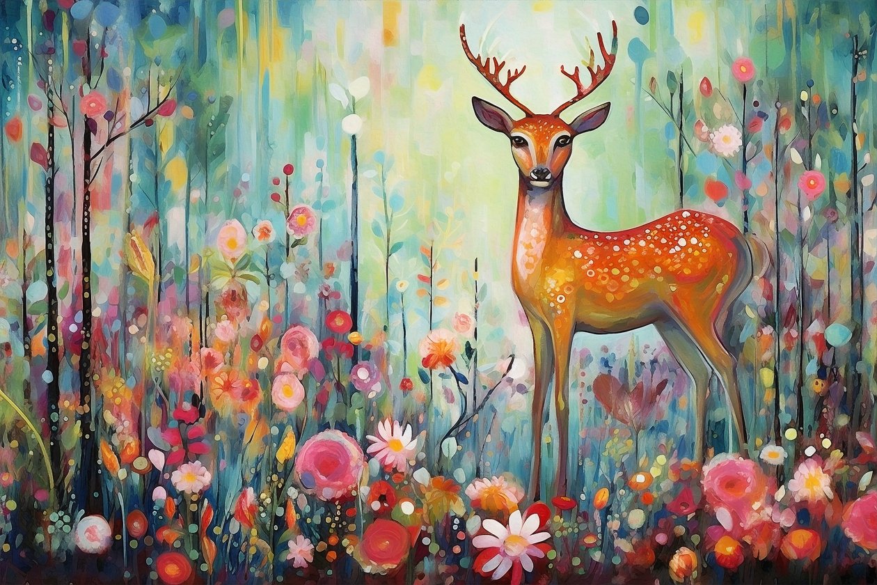 Ein Hirsch in der Natur und Blumen, leuchtende Farben, gerahmte Wandkunst von F. Abderrahim