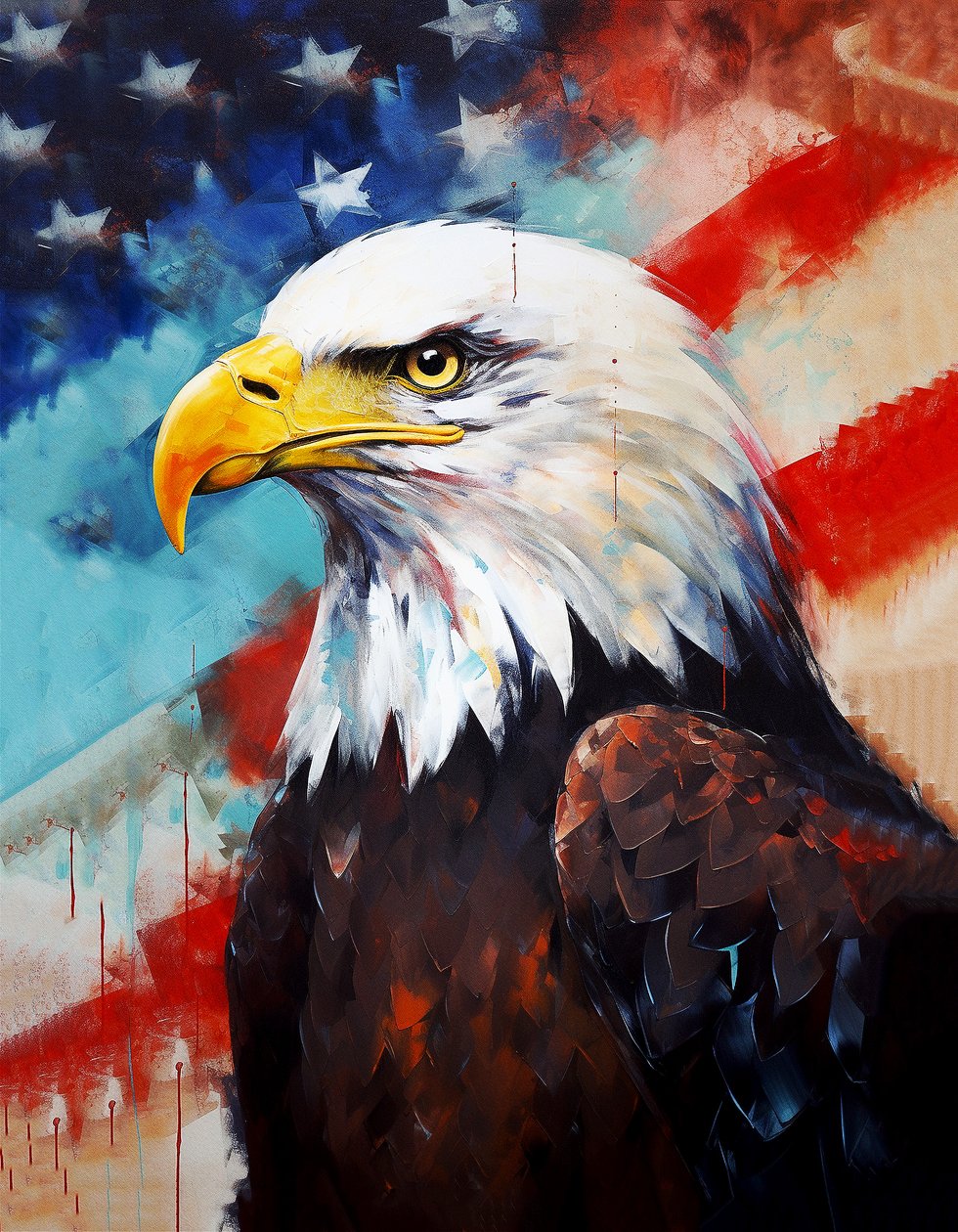 Amerikanischer Adler, US-Flagge im Hintergrund, Ölgemälde, Raumdekoration, Wandkunstdrucke von F. Abderrahim