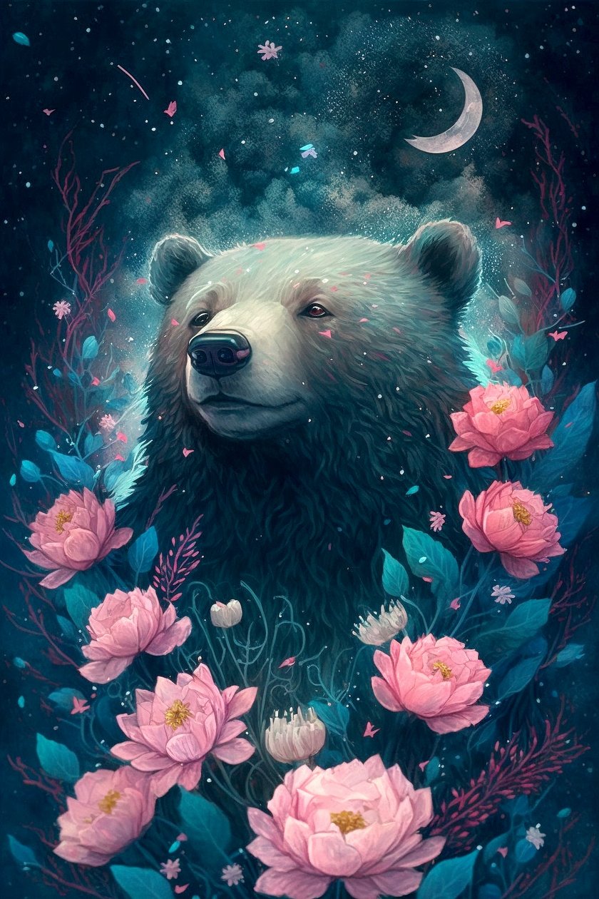 Bär in einer Fantasietraumlandschaft, umgeben von Blumen von F. Abderrahim