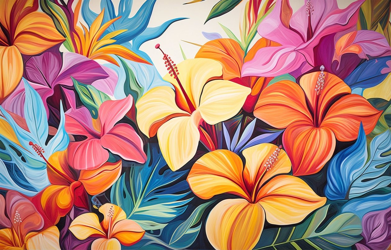 Strauß aus leuchtend bunten Hibiskusblüten, Blumenmalerei, Kunstdrucke von F. Abderrahim