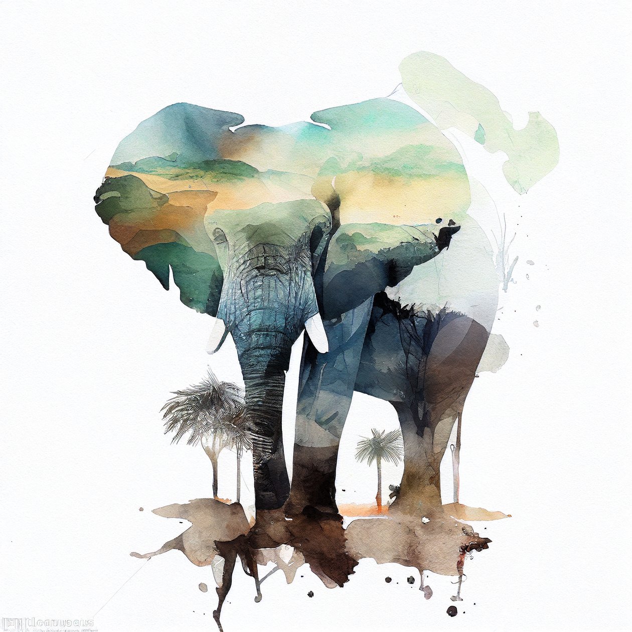 Aquarell Elefant, Afrikanische Savanne von F. Abderrahim