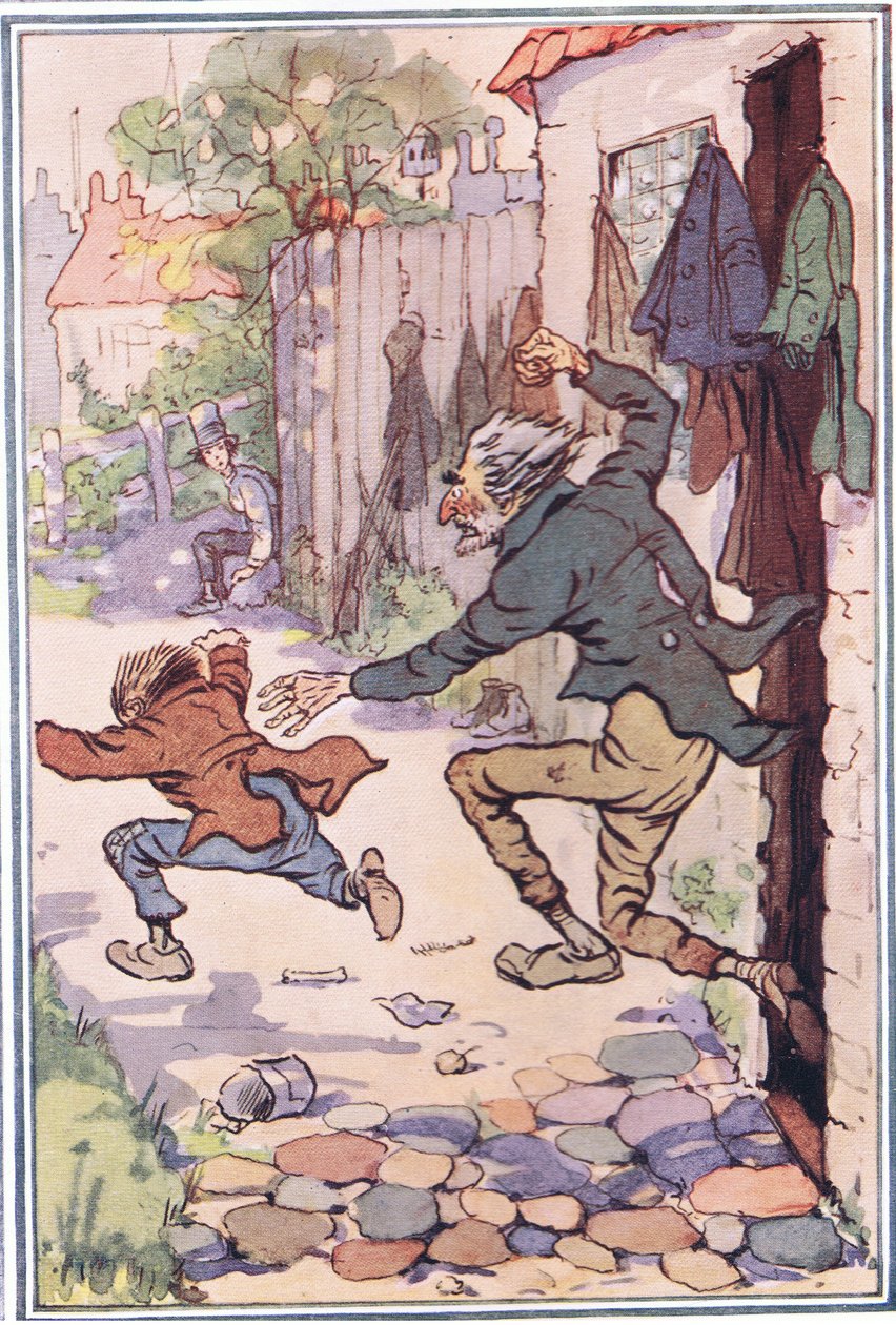 Er stürzte aus dem Laden hinter ihnen her und schickte sie fliegend, Illustration aus David Copperfield, 1914 von F. M. B. Blaikie
