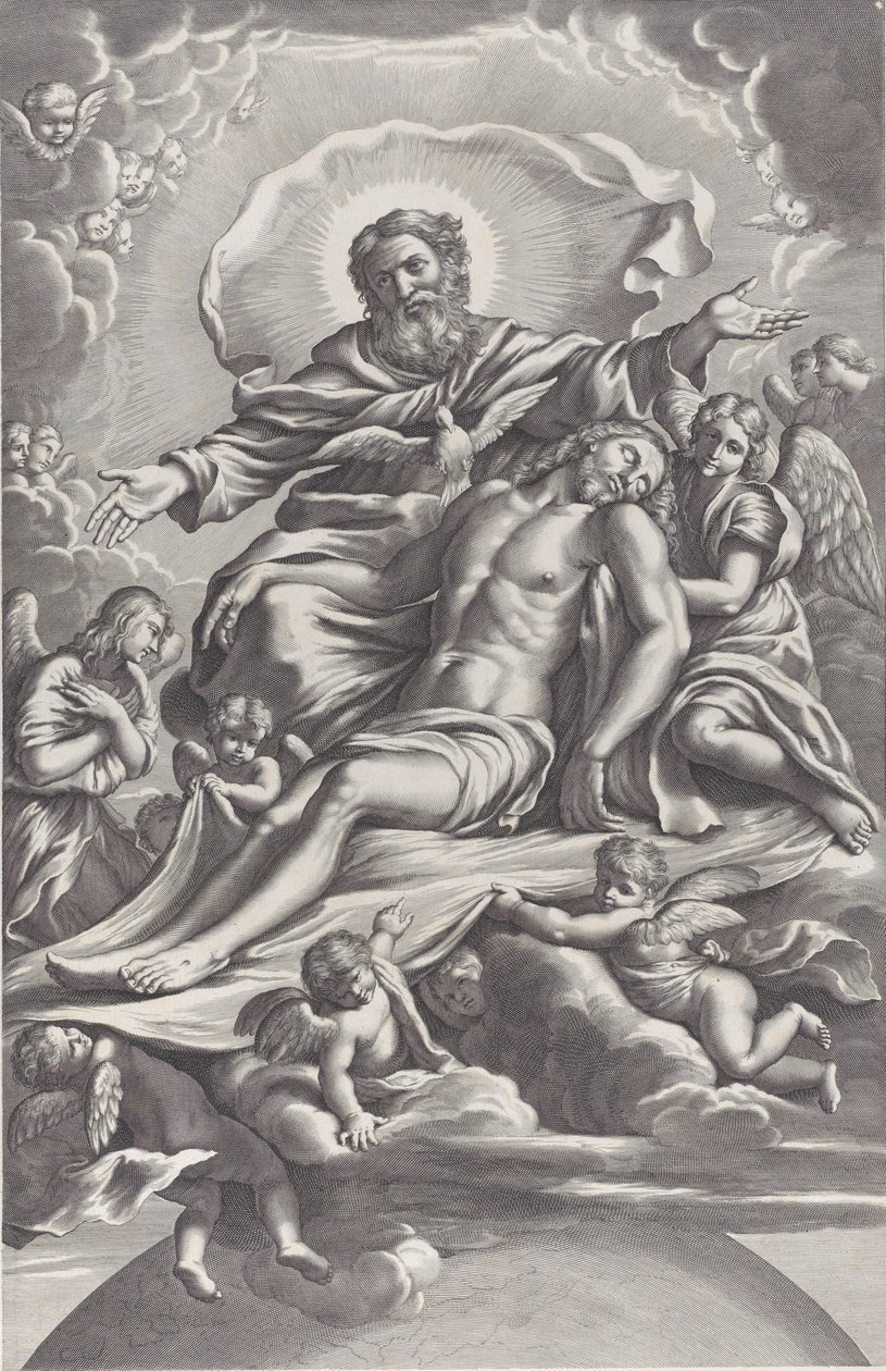 Die Heilige Dreifaltigkeit mit dem toten Christus in der Mitte, umgeben von Engeln, Gott dem Vater von F. de Louvement