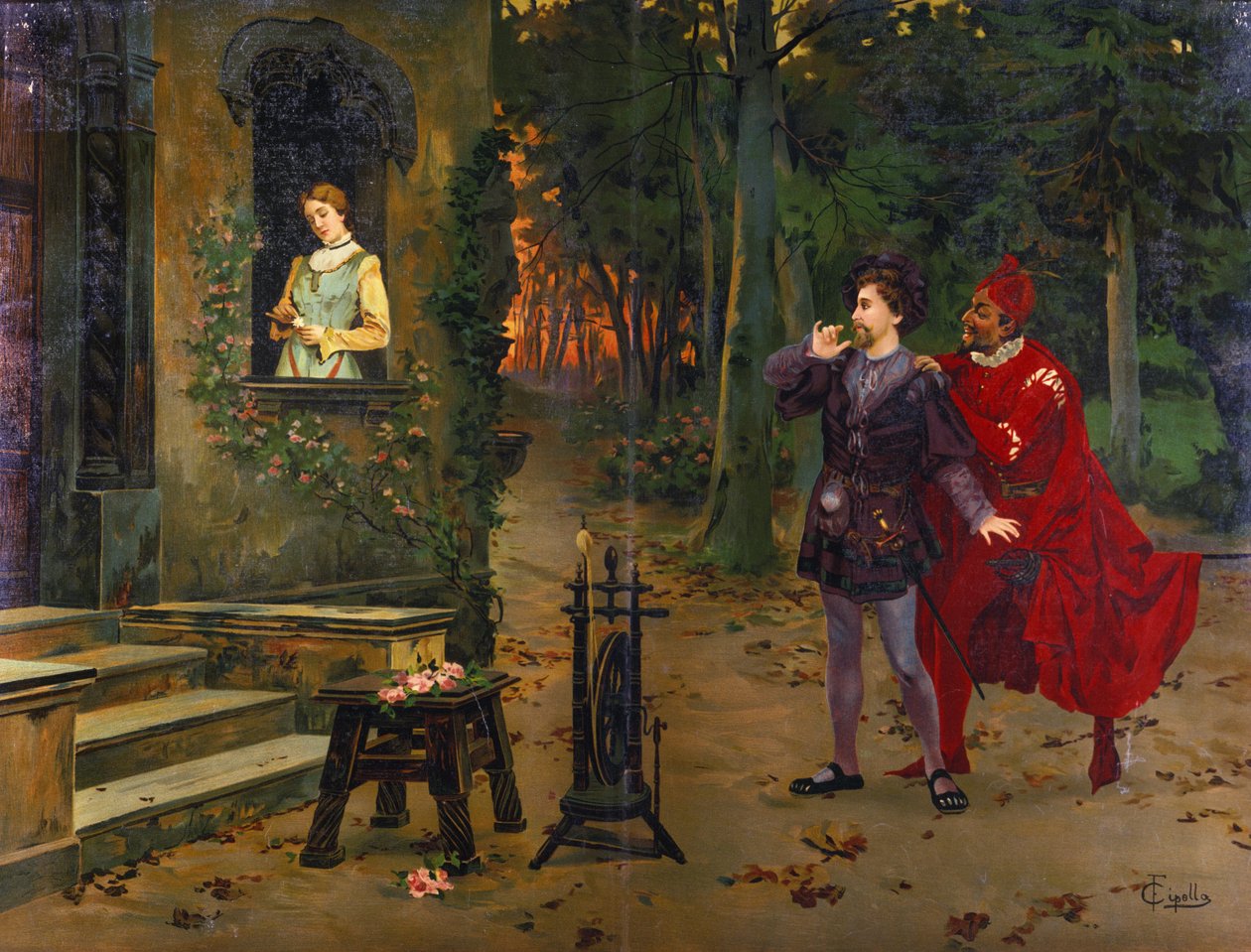Das Treffen mit Marguerite. Mephisto (Mephistopheles). Illustration der Oper „Faust“ von Charles Gounod (1818 - 1893). Chromolithographie von F. Cipolla von Fabio Cipolla