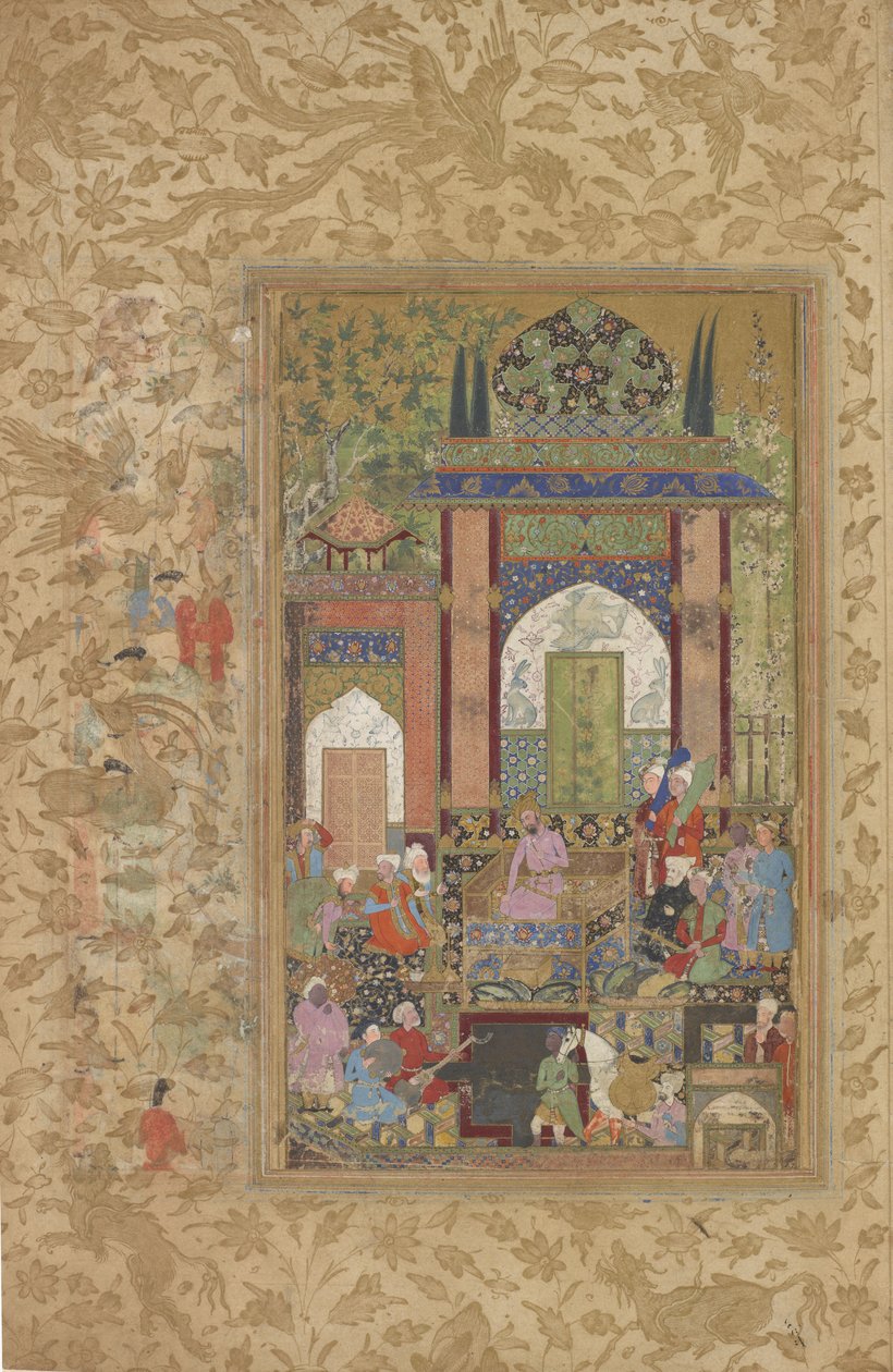 Babur empfängt einen Höfling, abgelöstes Blatt aus einer verstreuten Kopie des Baburnama (Tuzuk-i Baburi) von Zahir-al-Din Muhammad Babur, ca. 1580-85 von Farrukh Beg