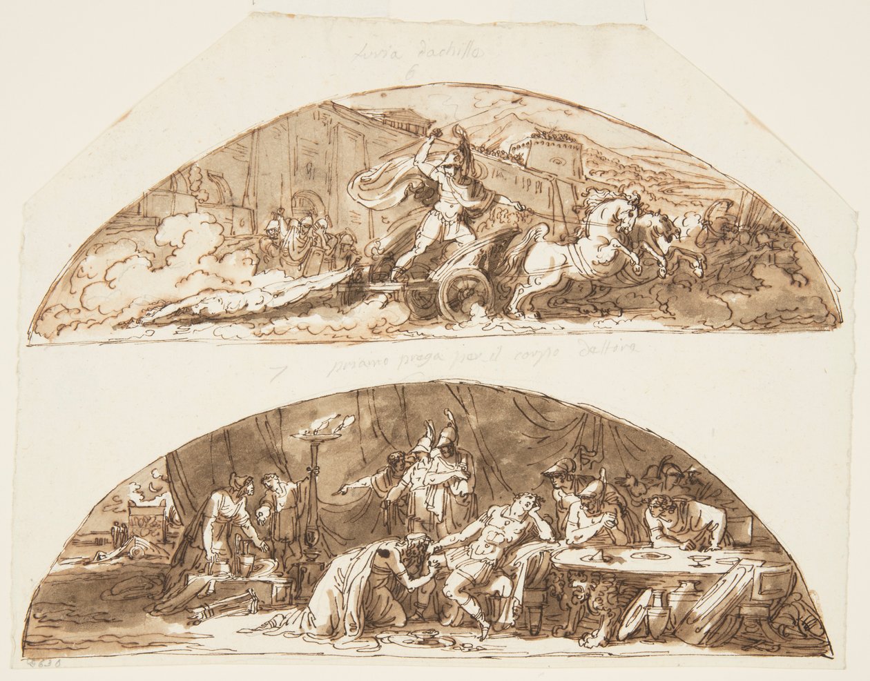 Achilles schleppt den Körper von Hector um die Mauern von Troja, Priamos bittet um den Körper von Hector, Deckengestaltungen für die Galleria di Achille, Palazzo Milzetti, Faenza, Italien von Felice Giani