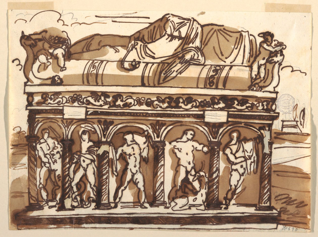Zeichnung, Ein römischer Sarkophag im Vatikanischen Museum, ca. 1820 von Felice Giani
