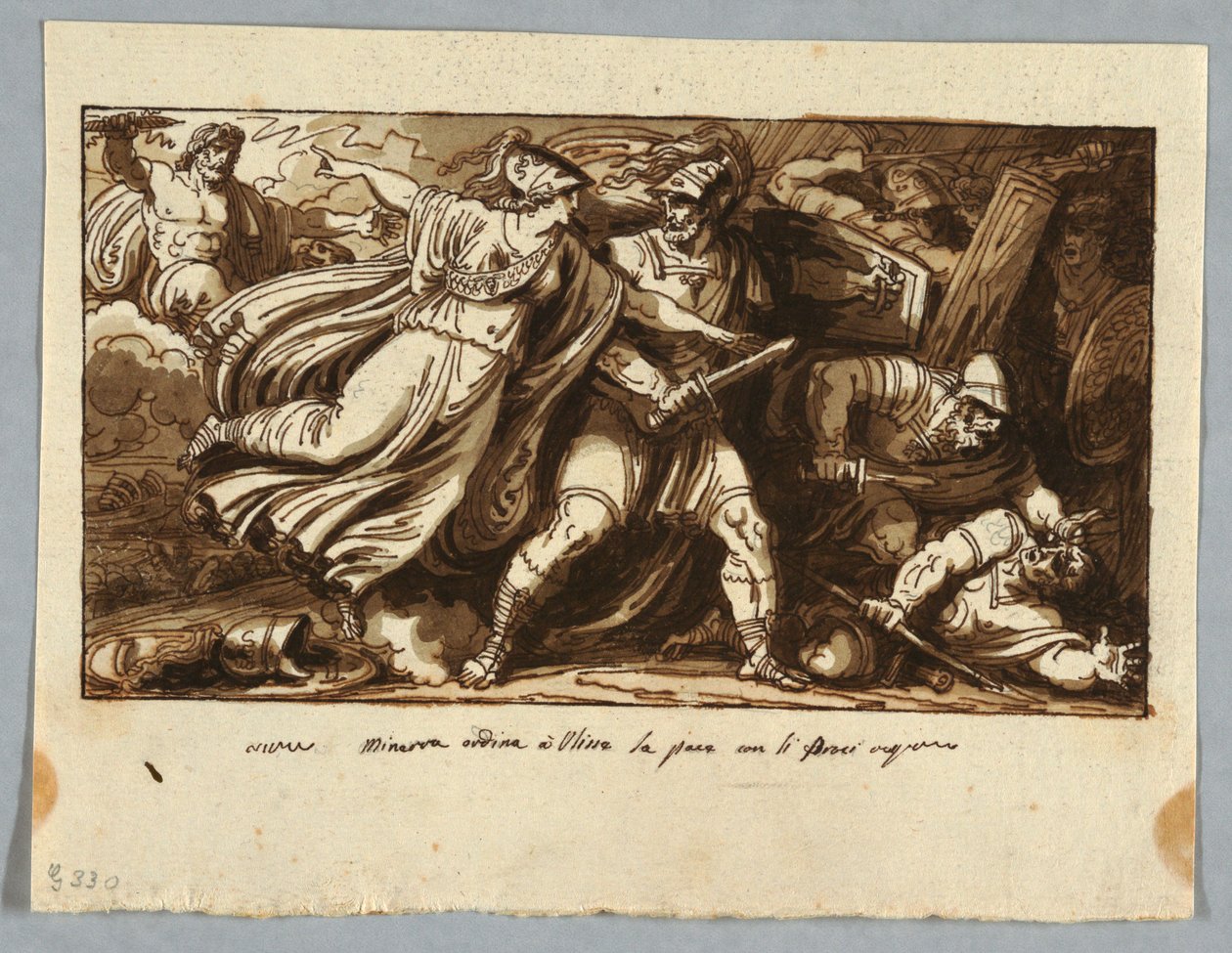 Blatt aus einem Skizzenbuch: Minerva befiehlt Odysseus, Frieden mit den Freiern der Penelope zu schließen, vor 1805 von Felice Giani