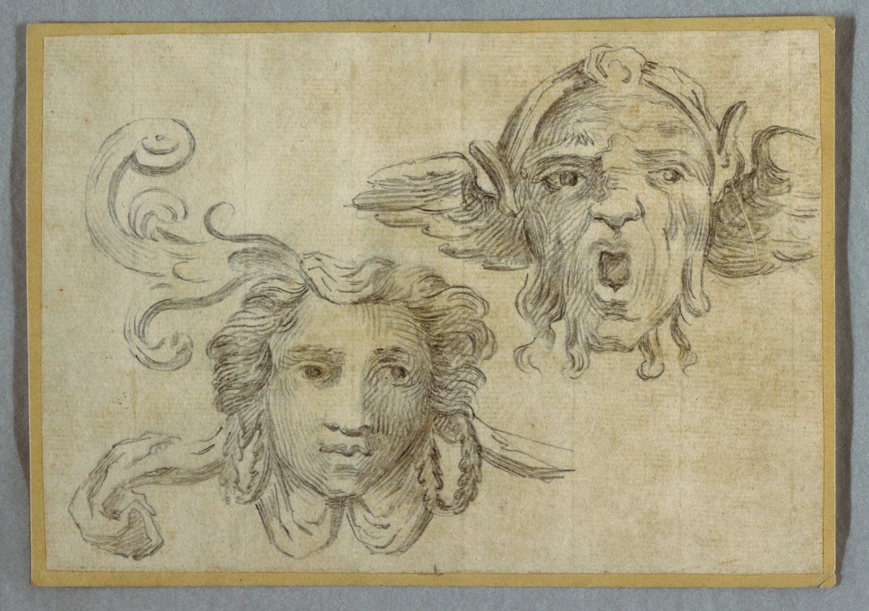 Maske mit Girlande und Ohren; Maske mit Bart und Satyr-Ohren von Felice Giani
