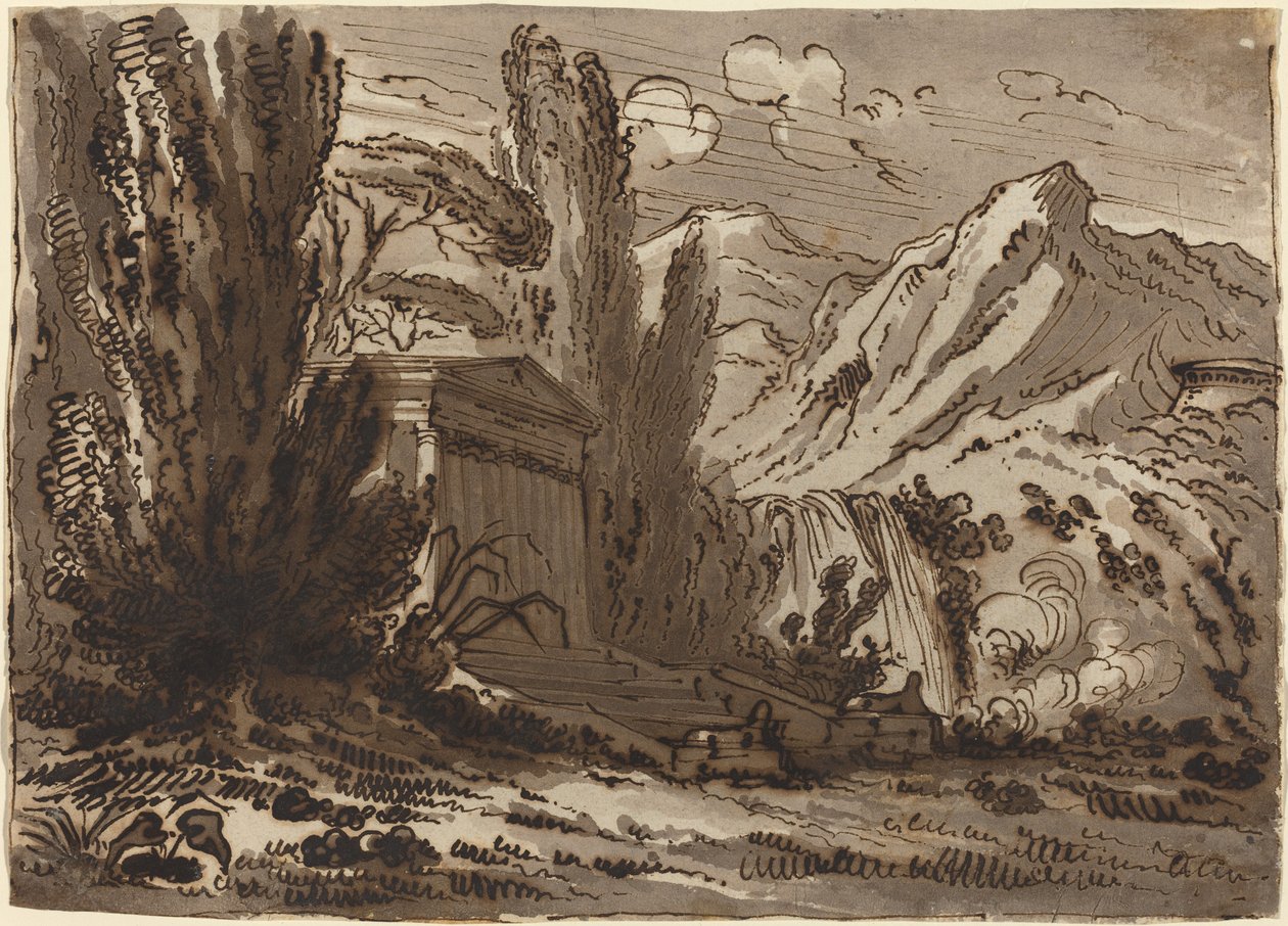 Gebirgige Landschaft mit klassischem Tempel von Felice Giani