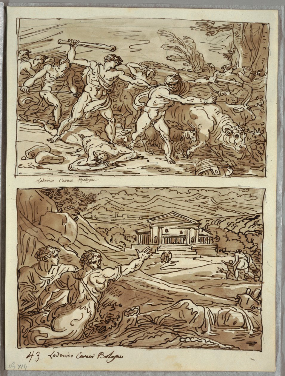Remus vertreibt und tötet die Räuber der Herden; Zufluchtsort für die Flüchtlinge auf dem Kapitol, zwei Studien nach Carracci von Felice Giani