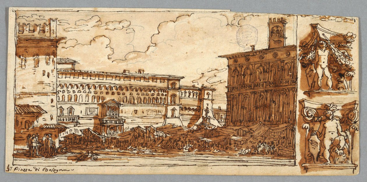Skizzenbuchseite, Folio 57: Studie nach Piazza Emmanuelle in Bologna; Verso, Architekturdetail von Felice Giani