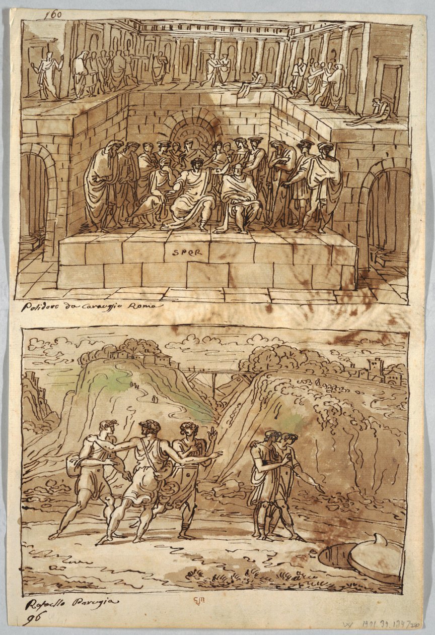 Skizzenbuchseite, Folio 98: Zwei Gemälde nach Caravaggio und Raphael; Rückseite: Adler und Ochse von Felice Giani