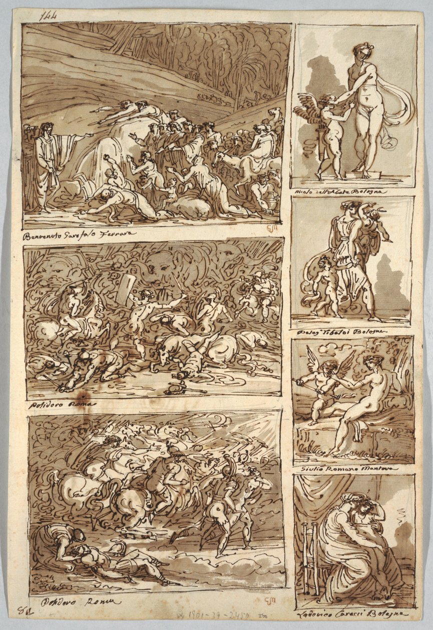 Skizzenbuchseite: Studien nach Gemälden in Ferrara, Rom, Bologna, Mantua nach Künstlern Tibaldi, Raphael, Andrea del Sarto und Polidoro; Rückseite: Vogelskelett und Pferdekopf von Felice Giani