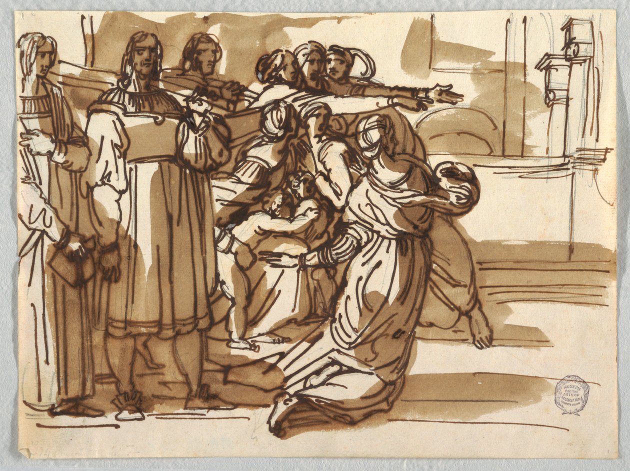 Der Prälat und die Schemelträger und Frauen in ihrer Nähe in "Vertreibung des Heliodorus" nach Raffael Sanzio von Felice Giani