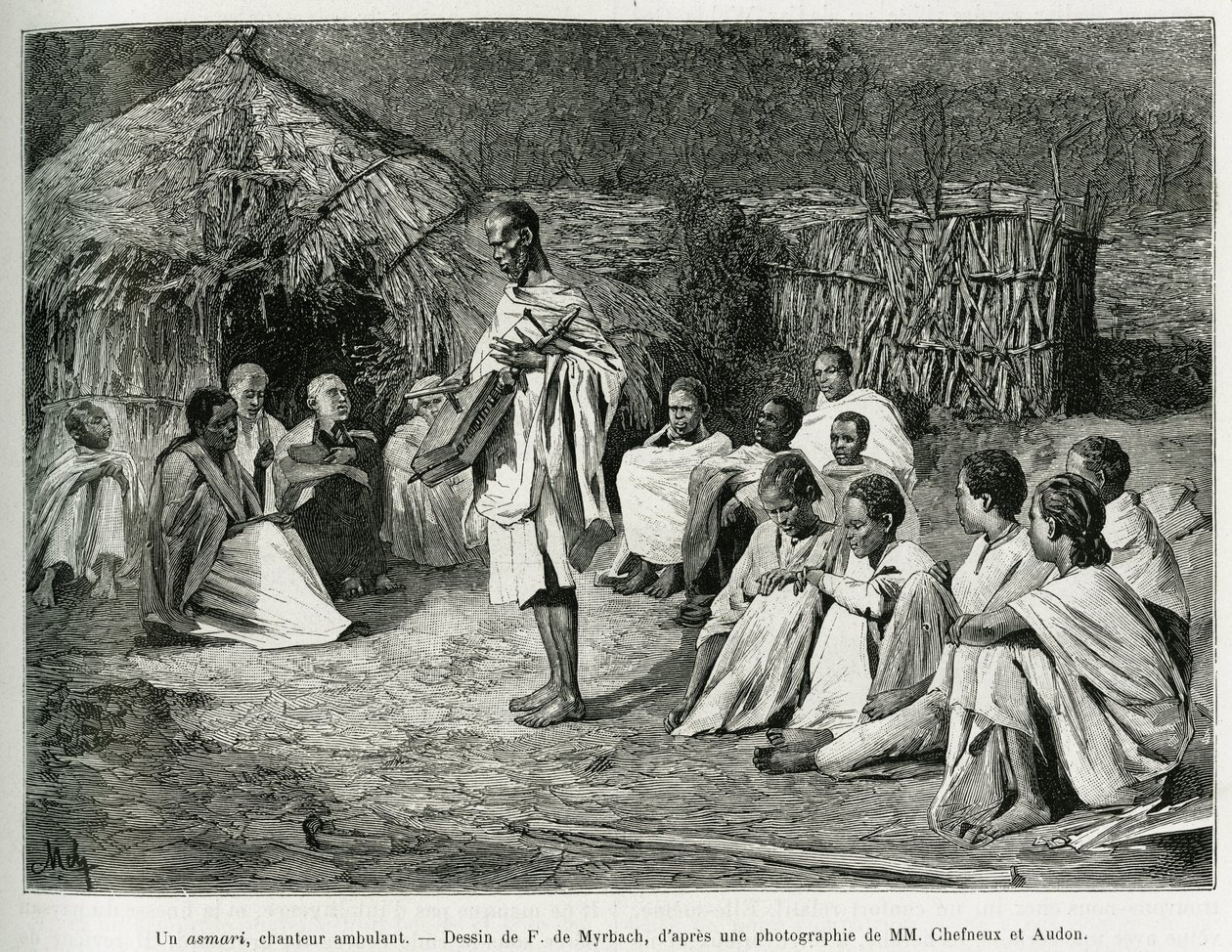 Ein Asmari, ein Wandersänger. Gravur von F. De Myrbach, nach einer Fotografie, zur Illustration der Geschichte Voyage au Choa (südliches Abessinien), 1884-1888, von Henry Audon, in Le Tour du monde 1889, unter der Leitung von Edouard Charton (1807-1890), H von Felicien baron de Myrbach Rheinfeld