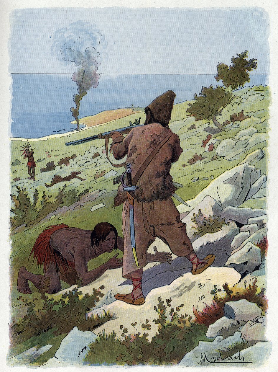 Robinson Crusoe tötet die Wilden, die Freitag verfolgen von Felicien baron de Myrbach Rheinfeld