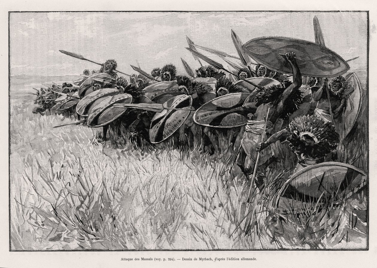 Der Angriff der Massai. Gravur von Myrbach zur Illustration der Geschichte 