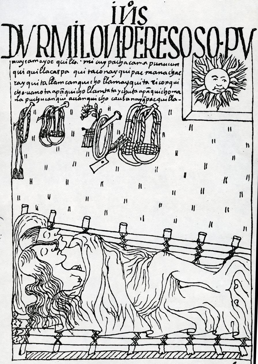 Einheimische Inkas schlafen durch den Morgen und vernachlässigen ihre Pflichten von Felipe Huaman Poma de Ayala