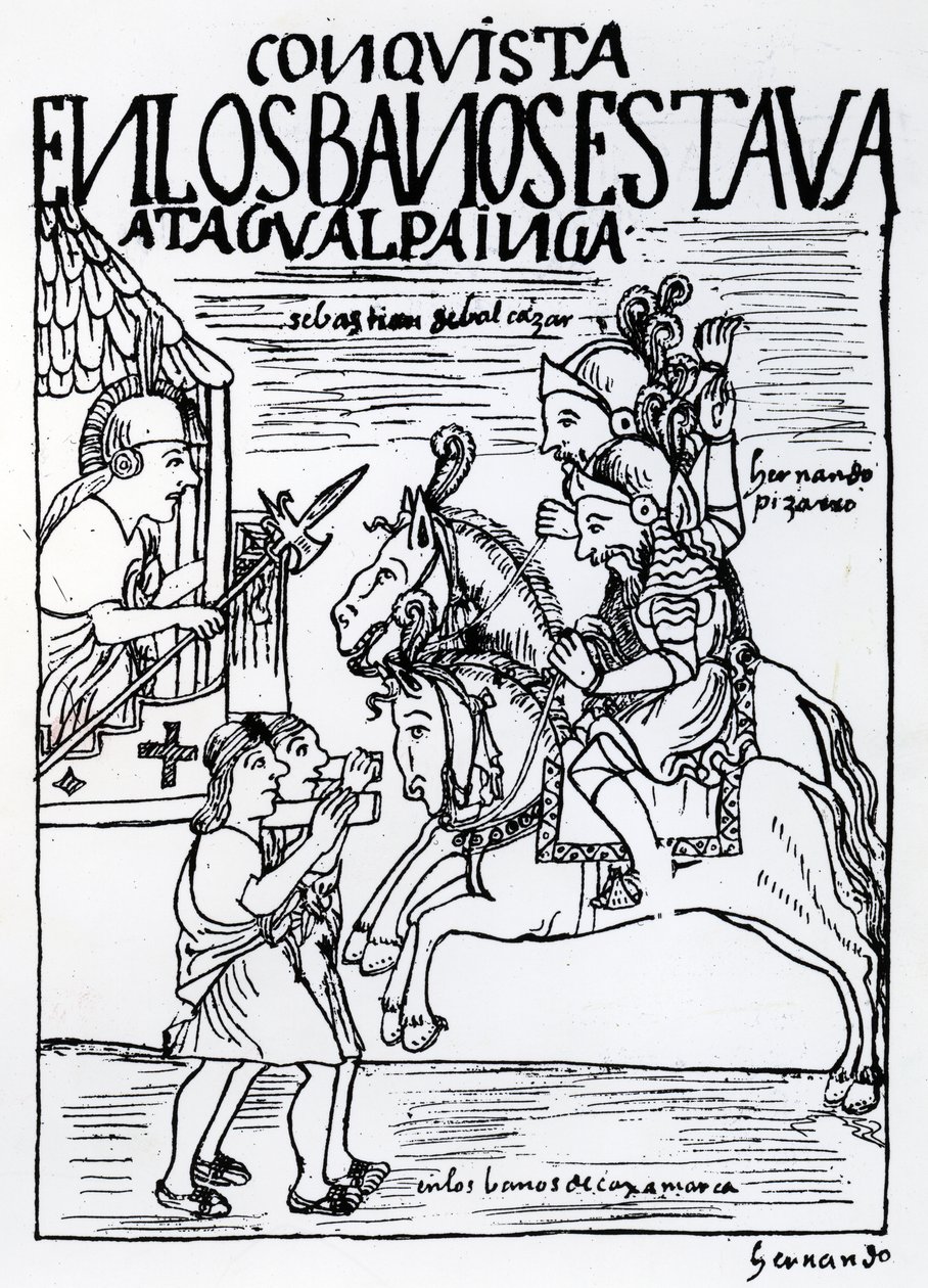 Sebastian de Benalcazar und Hernando Pizarro konfrontieren Atahualpa Inka in den königlichen Bädern von Cajamarca von Felipe Huaman Poma de Ayala