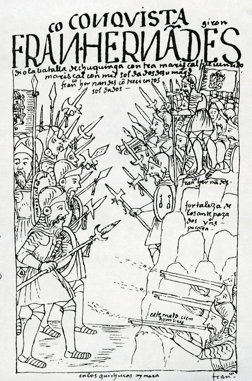 Die Rebellenkräfte von Francisco Hernandez Giron besiegen die königlichen Truppen in der Schlacht von Chuquinga von Felipe Huaman Poma de Ayala