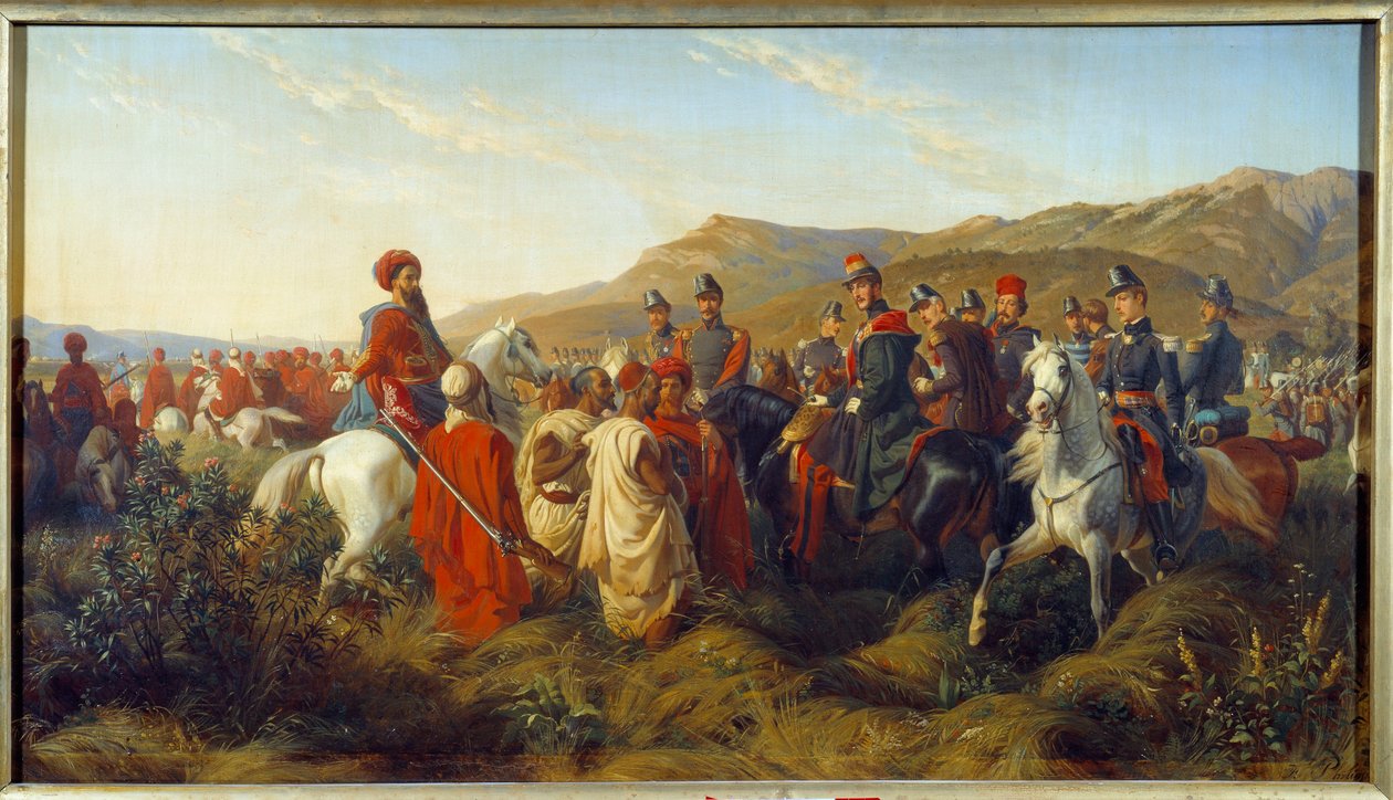 Eroberung Algeriens (1830-1847): Episode der Algerienkampagne 1840 - der Herzog von Orleans Ferdinand Philippe (1810-1842), Sohn von König Louis Philippe I., gewährt zwei arabischen Gefangenen die Freiheit von Felix (after) Philippoteaux