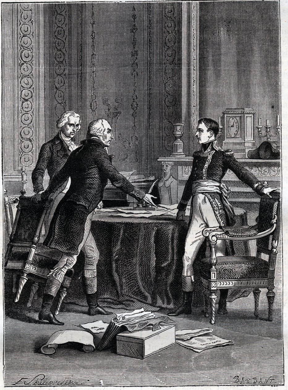 Erste Beratung der drei Konsuln in Peer-Luxemburg - Napoleon Bonaparte, Emmanuel Joseph Sieyes und Pierre Roger-Ducos 1799 - Gravur von Barbant, nach Philippoteaux - Erstes Konsulat, 24 Frimaire VIII (15. Dezember 1799), erstes Treffen des Ersten Konsulats von Felix (after) Philippoteaux