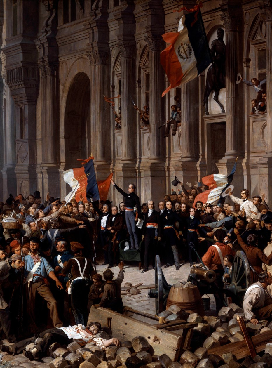 Revolution von 1848: Alphonse de Lamartine verweigert die rote Fahne für die Trikolore am Rathaus. Paris, 26. Februar 1848. (Detail) von Felix (after) Philippoteaux